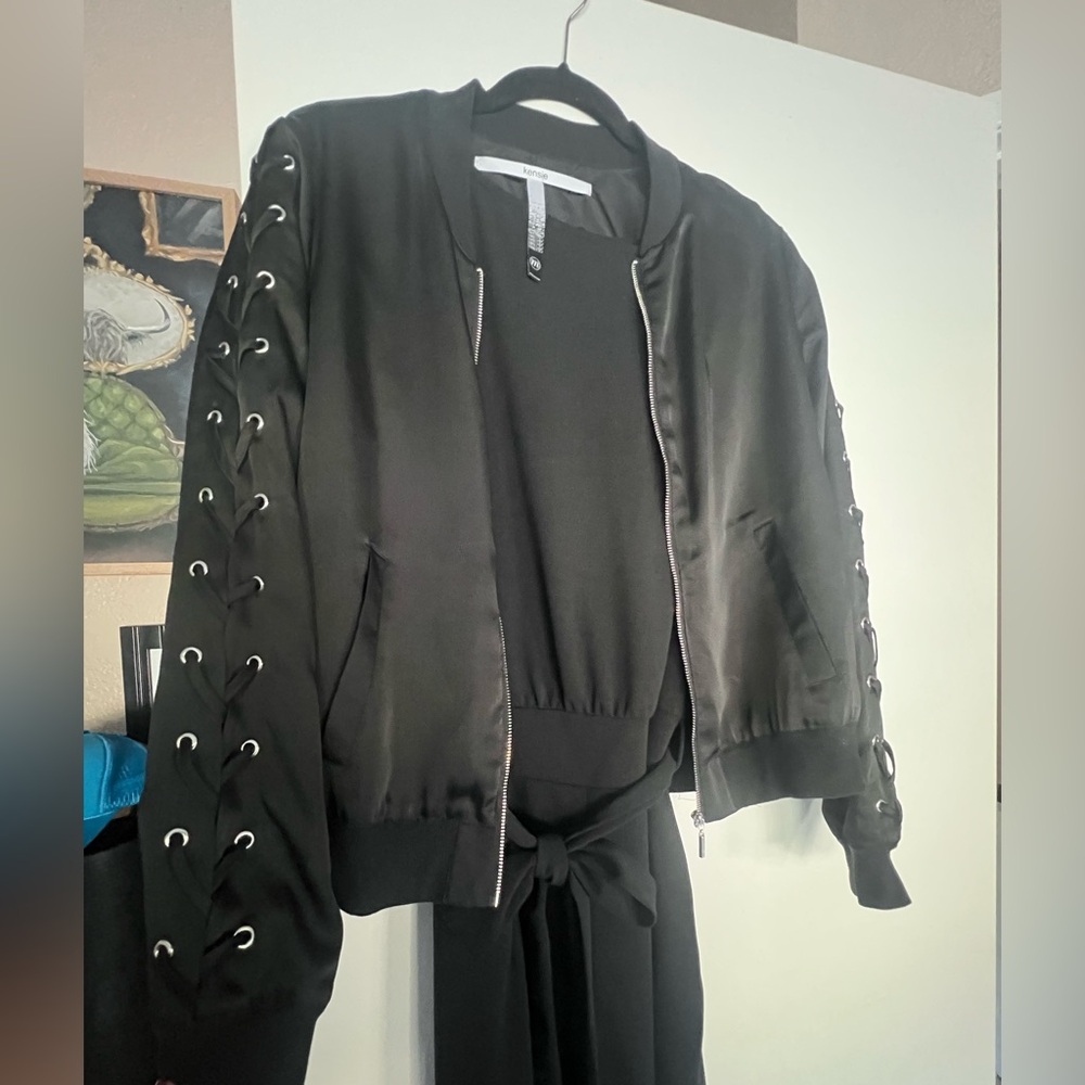 Kensie Black Bomber Jacket with Lace-Up Sleeves
